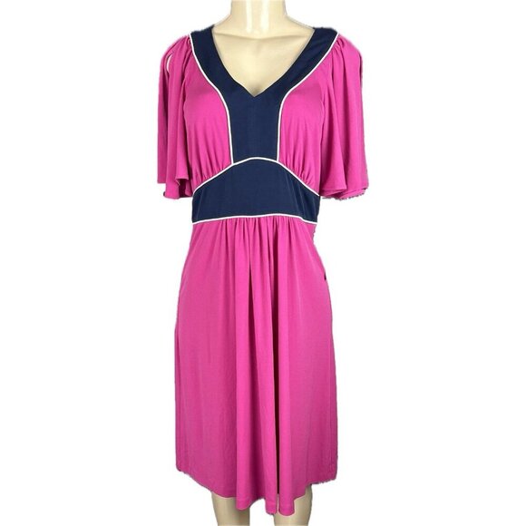 Vicky Tiel M Pink-Navy Colorblock V-Neck Zip Short Split Sleeve Below Knee Dress - Picture 2 of 6